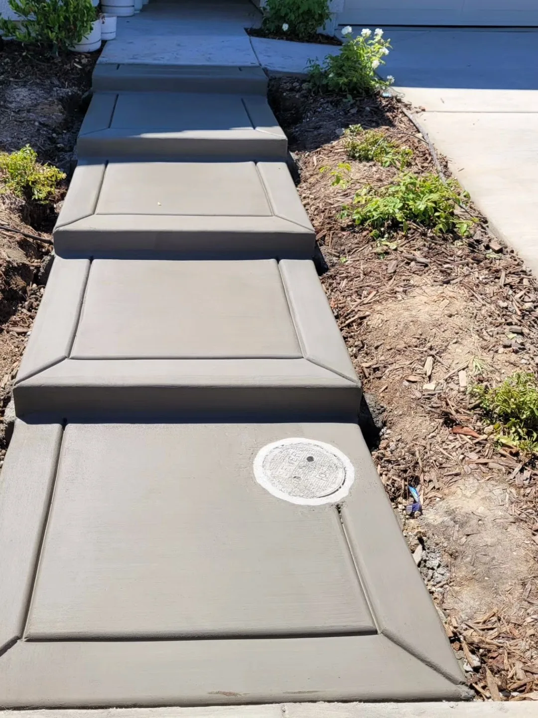 Concrete front sidewalk with wide shallow steps running down through mulch beds to the driveway